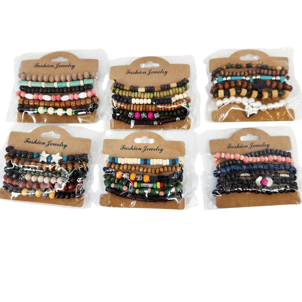 6 Pack Boho Beaded Stretch Bracelet Sets Wood Faux Turquoise Star Heart Charms
